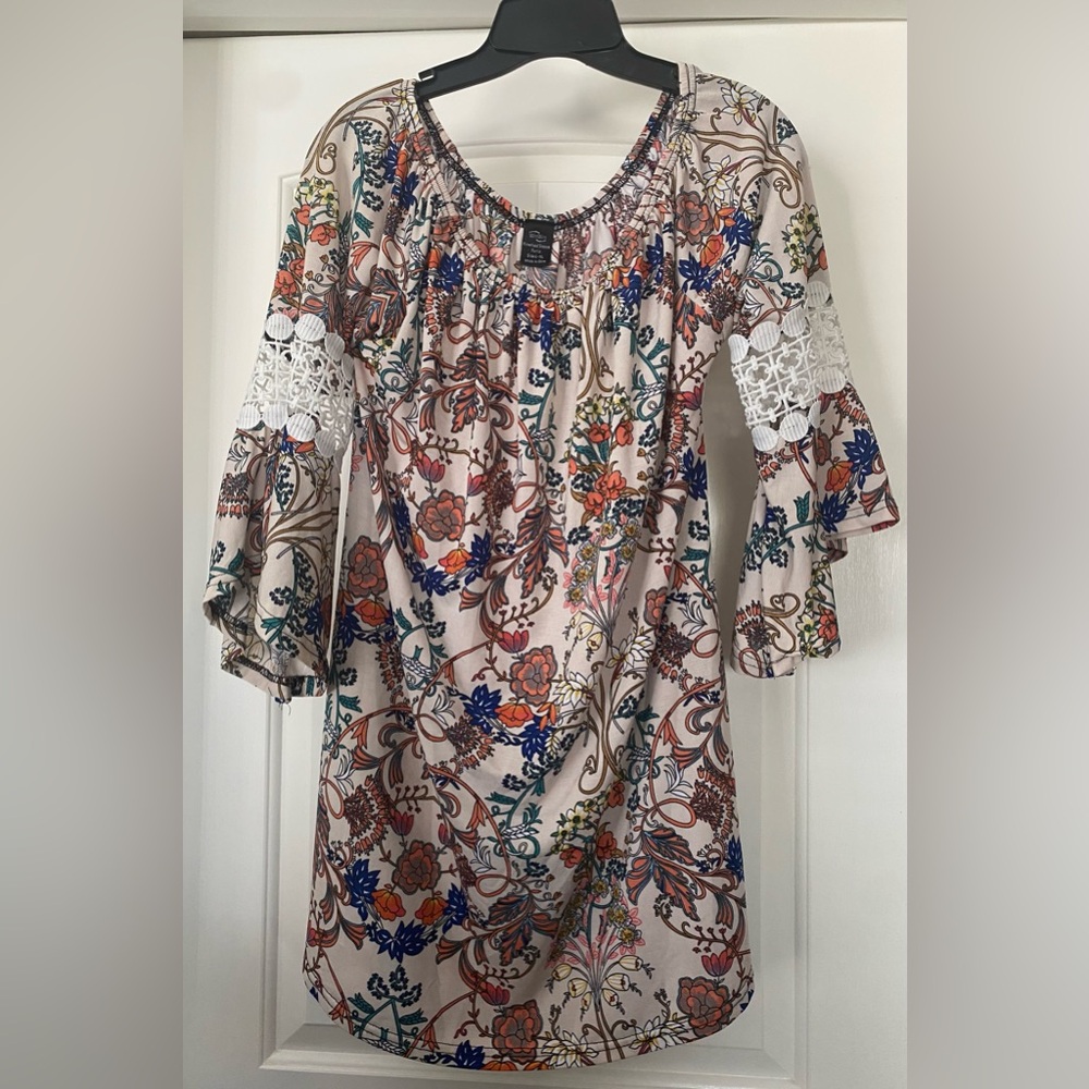 WinWin Cream Floral Off-Shoulder Midi Dress with Blue & Orange Accents